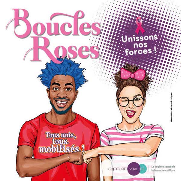 Boucles Roses avec deux personnes unies symbolisant le soutien a la campagne de sensibilisation au depistage du cancer du sein portant le message Tous unis tous mobilisés et Unissons nos forces pour promouvoir l-importance du depistage