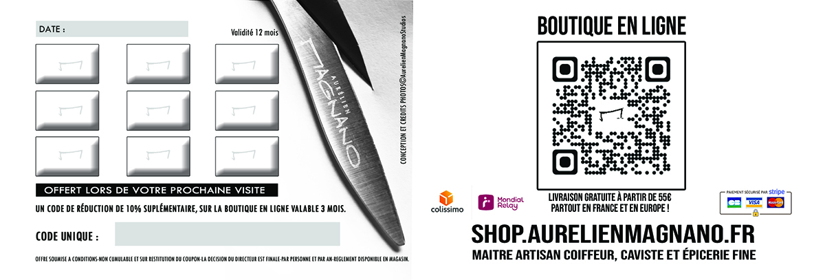 Carte de fidélité Aurélien Magnano avec réduction coiffure, QR code vers la boutique en ligne et avantages clients à Montauban