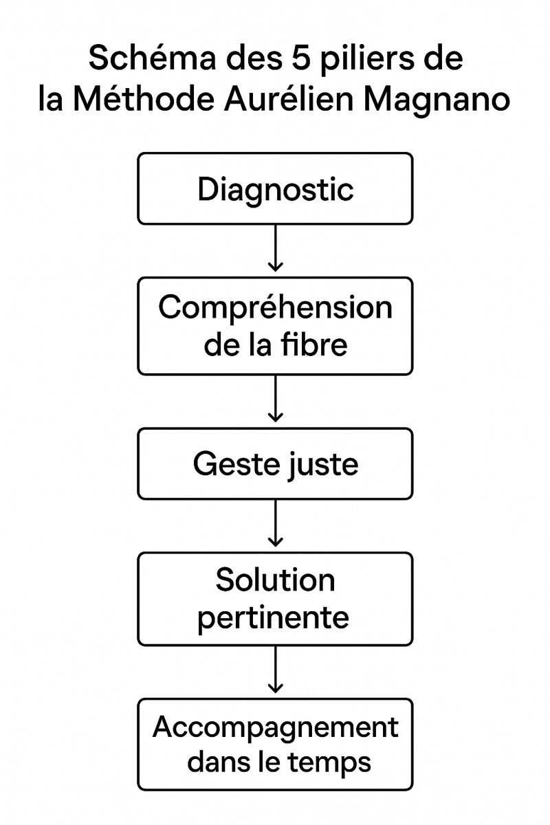 Schéma des 5 piliers – Méthode Aurélien Magnano Schéma des 5 piliers de la Méthode Aurélien Magnano : diagnostic, compréhension de la fibre, geste juste, solution pertinente, accompagnement dans le temps.